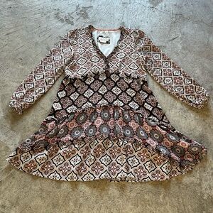 Anthropologie Printed V-Neck Ruffle Blouse in Cream, Brown & Black